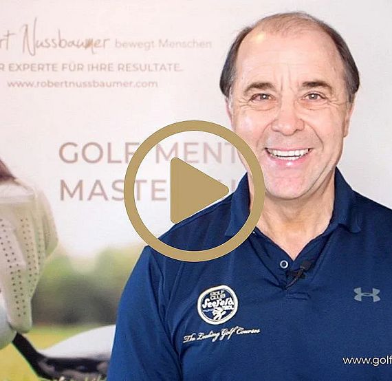 A man in a polo shirt stands smiling with a golf-themed backdrop, featuring a logo and text about mental mastery in golf. A play button overlays the image.