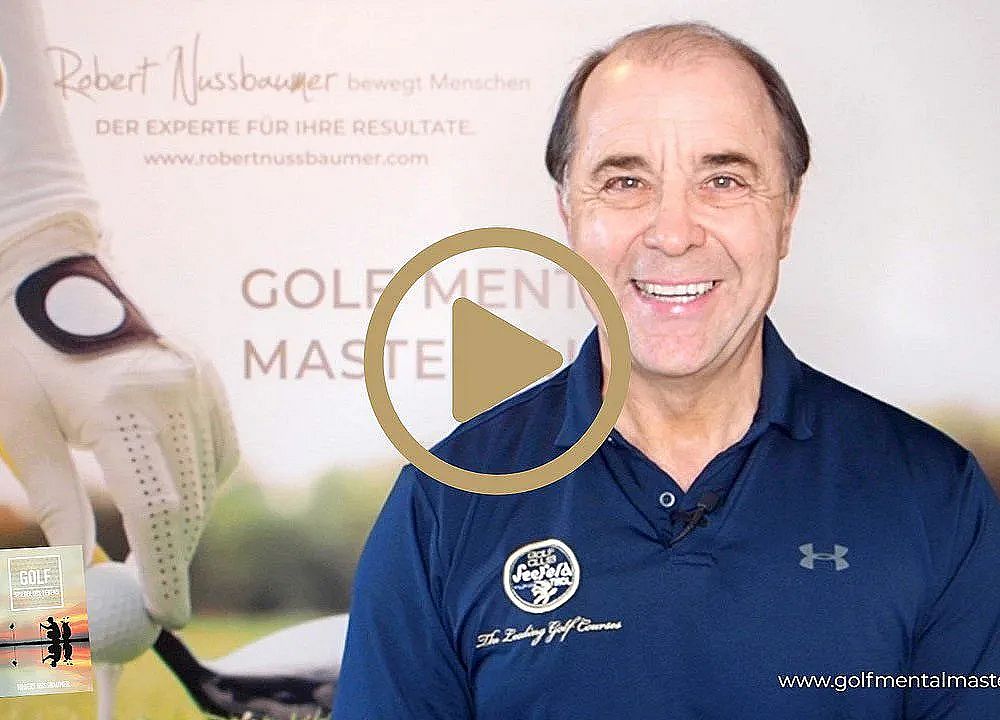 A man in a polo shirt stands smiling with a golf-themed backdrop, featuring a logo and text about mental mastery in golf. A play button overlays the image.