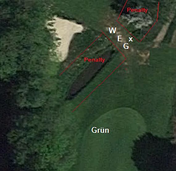 Aerial view of golf course with green area, sand trap, and labeled penalty zones. Letters and words mark specific spots on the course for guidance.