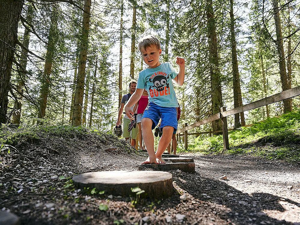 A boy wearing a blue shirt and shorts jumps on wooden discs on a forest path. Several adults follow him. Tall trees surround them, creating a sunny woodland scene.