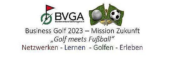 Logo combining golf and soccer themes with text 'Golf meets Fußball'. Promotes learning and collaboration in sports for 2023.