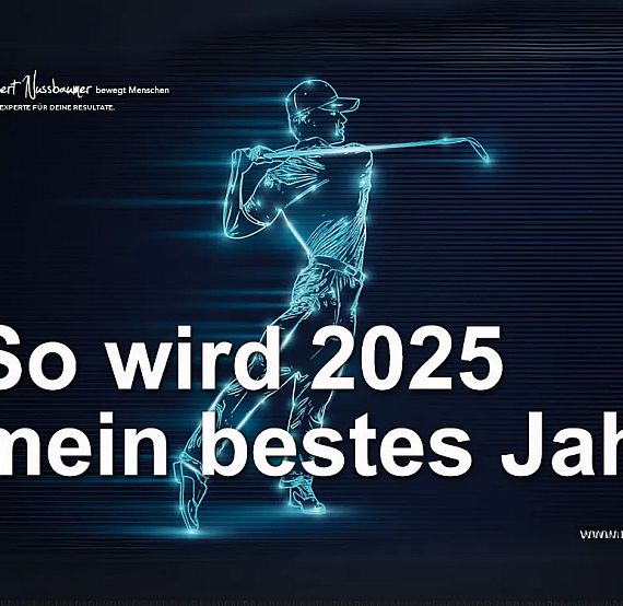 A glowing digital outline of a golfer swinging a club with text saying, 'So wird 2025 mein bestes Jahr!' against a dark background.