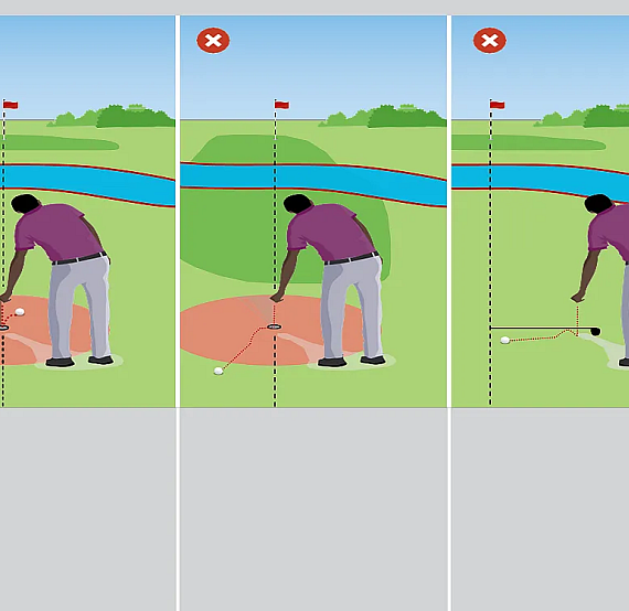 Three-panel illustration showing a golfer putting. First panel correct with use of shadow, other panels incorrect showing alignment issues and wrong shadow.