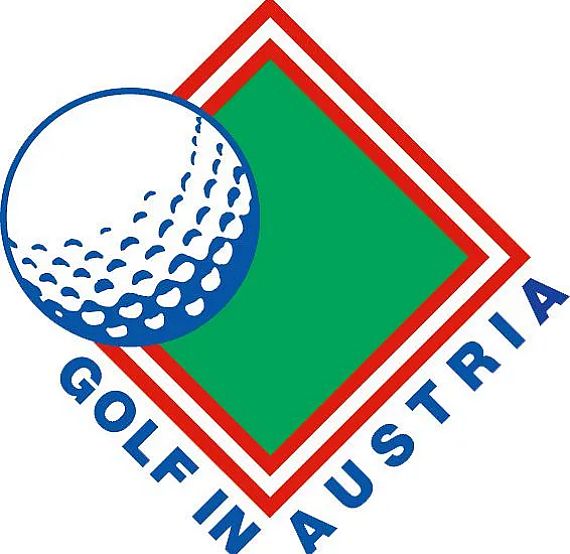 Ein Logo mit einem grünen Quadrat, umrundet von roten und weißen Linien. Links oben ein stilisierter Golfball. Darunter der Text "Golf in Austria".