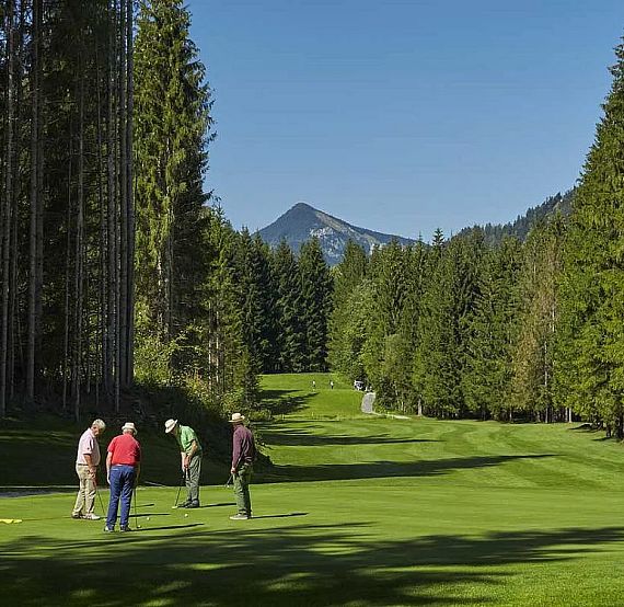 Four people on a green golf course, surrounded by tall trees and distant mountain under a clear sky.