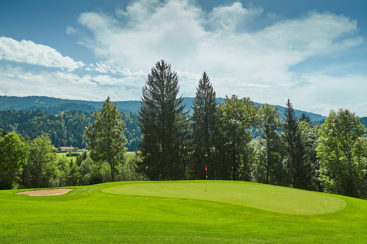 Grüne Golfplatzlandschaft mit einem Putting-Green und einem Sandbunker, umgeben von hohen Bäumen und Bergen im Hintergrund unter einem leicht bewölkten Himmel.