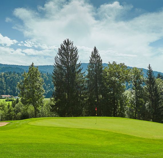 Grüne Golfplatzlandschaft mit einem Putting-Green und einem Sandbunker, umgeben von hohen Bäumen und Bergen im Hintergrund unter einem leicht bewölkten Himmel.