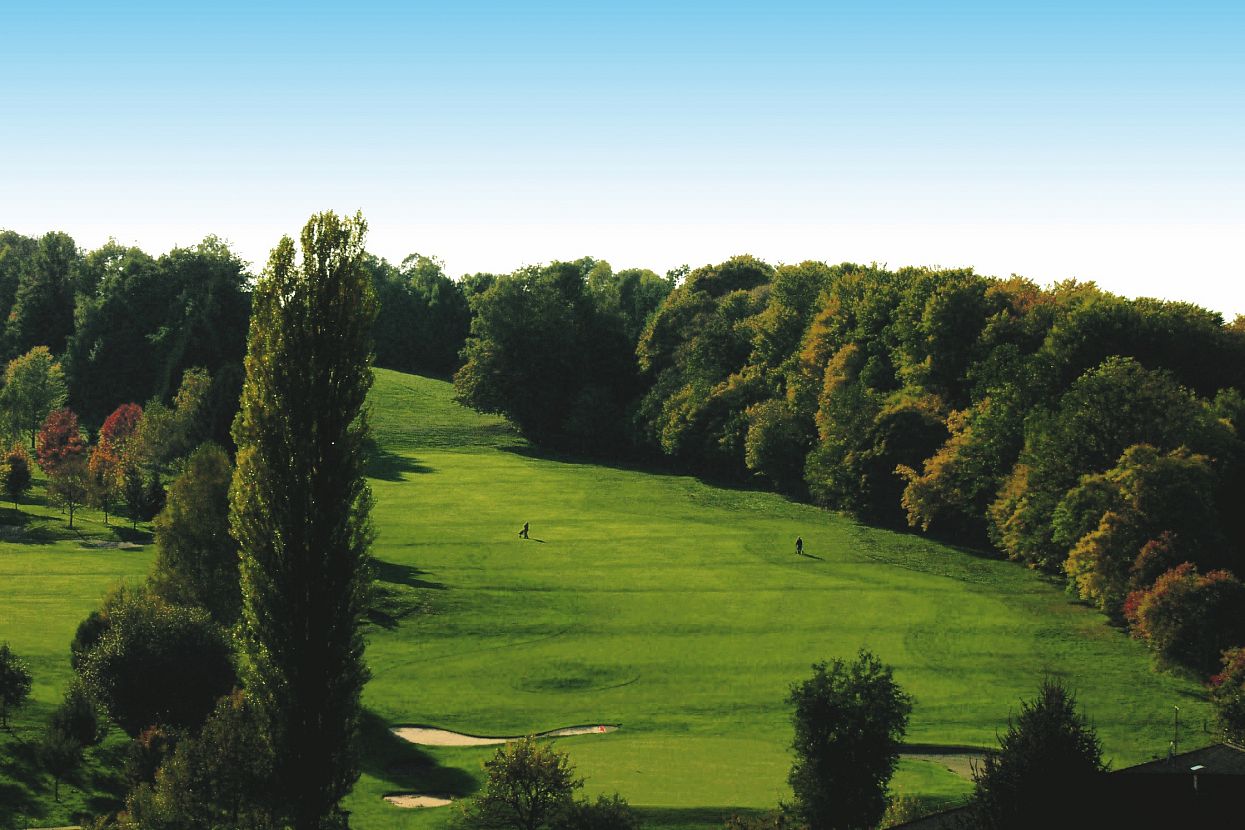 A lush green golf course with trees on the sides and a blue sky above. Golfers can be seen playing in the distance.