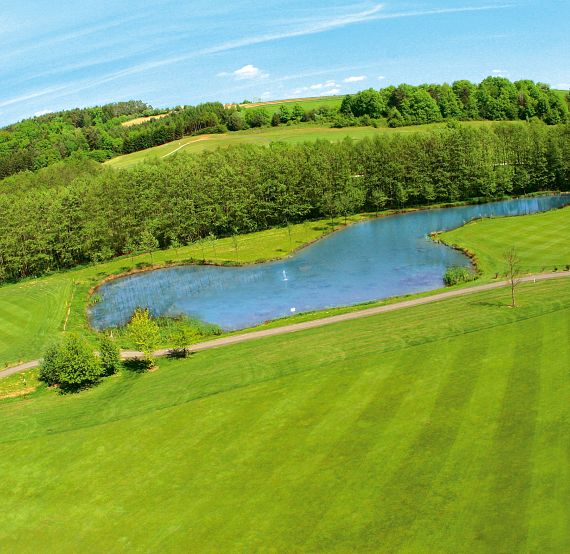 Eine malerische Landschaft mit saftig grünen Wiesen, einem kleinen Teich und bewaldeten Hügeln im Hintergrund unter einem klaren blauen Himmel.