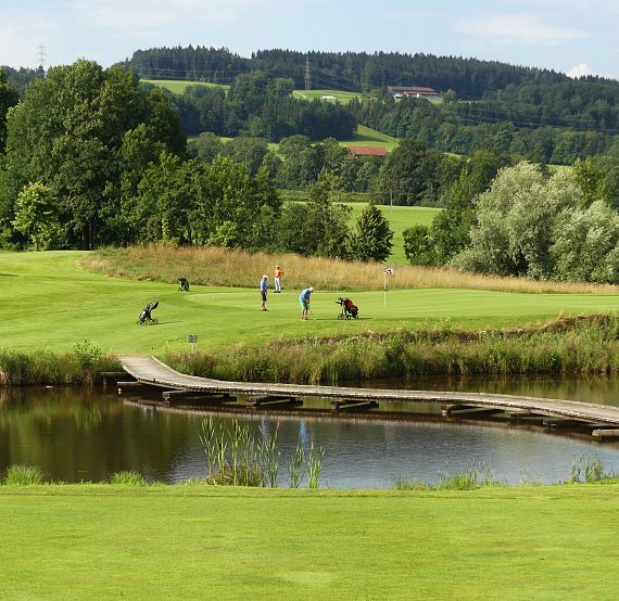 Golfers play on a lush green course by a pond with a wooden bridge. Trees and hills are in the background, under a clear blue sky.