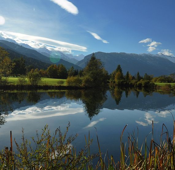 A calm lake reflects mountains and clouds under a blue sky. Greenery surrounds the tranquil water, with reeds in the foreground and mountains in the background.
