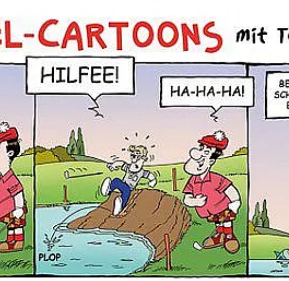 A colorful comic strip showing golfers in comedic situations on a course, engaging in various missteps and humorous exchanges.