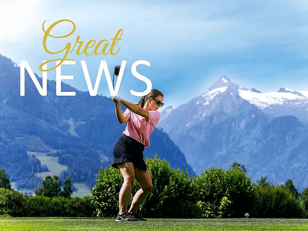 Woman golfing on a green course, mountains in background, text reading 'Great News' overlaid.