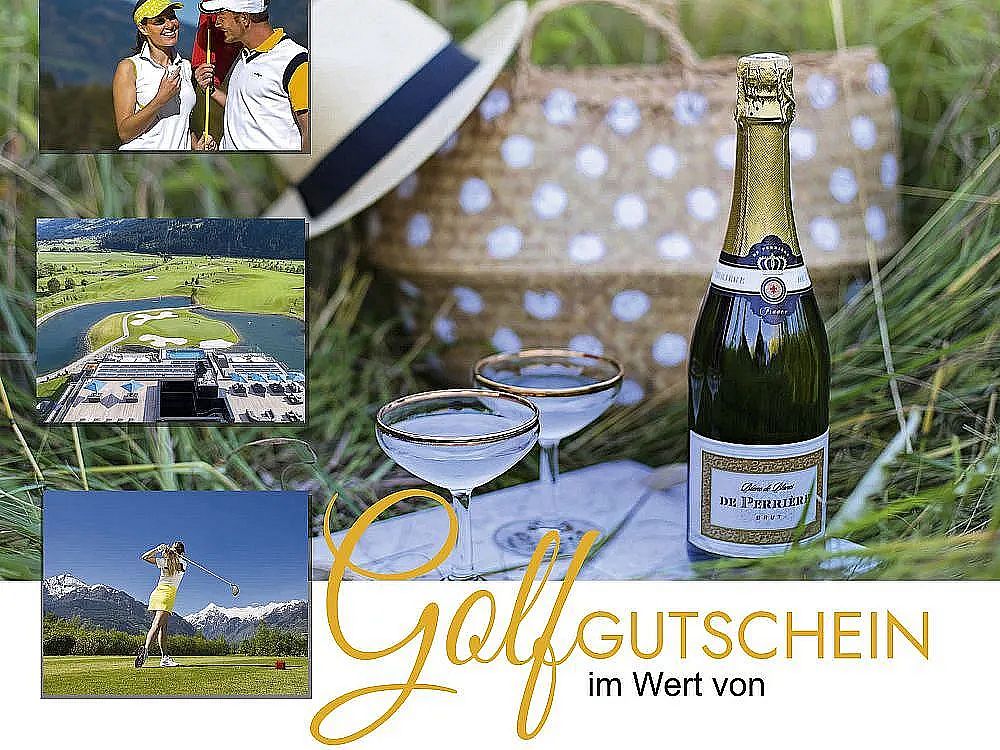 A collage with a champagne bottle, glasses, and golf course scenes, promoting a golf voucher. Stylish, luxurious theme with golfing elements.