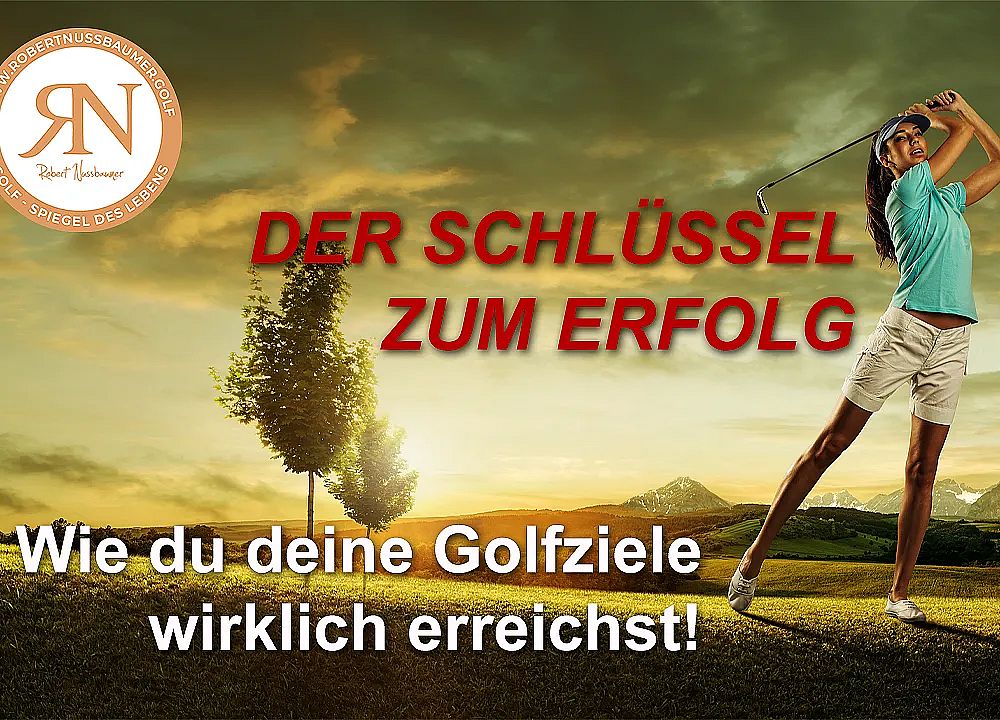 A woman playing golf at sunset with text 'Der Schlüssel zum Erfolg' highlighting golf success strategies.