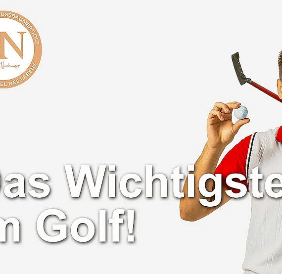 A smiling golfer holding a golf ball and a club, wearing a red shirt and white vest. Text overlay: 'Das Wichtigste im Golf!' Logo in the top left corner.