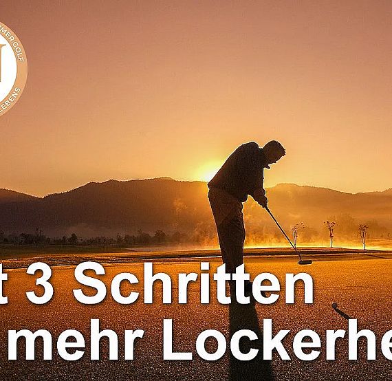 Silhouette of a person playing golf at sunset, with mountains in the background and text promoting relaxation in three steps.