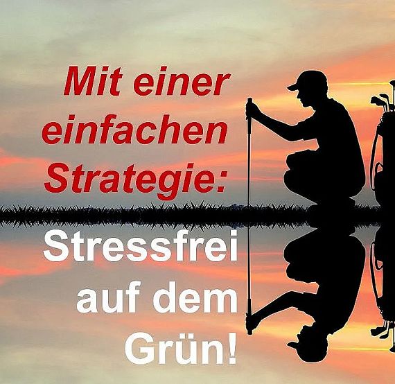 Silhouette of a golfer at sunset, kneeling with a golf club near a flag. Caption in red and white text promises stress-free golfing strategies.