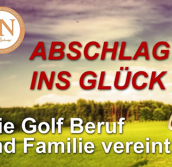 A golf course with a set of clubs in the foreground, text overlay about combining golf, work, and family.