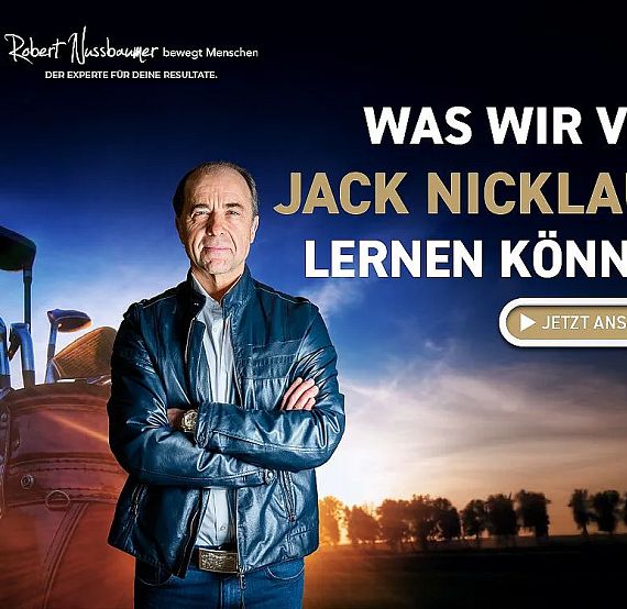 Man in leather jacket stands confidently with golf bag, under the title 'What We Can Learn from Jack Nicklaus', against a sunset golf course backdrop.