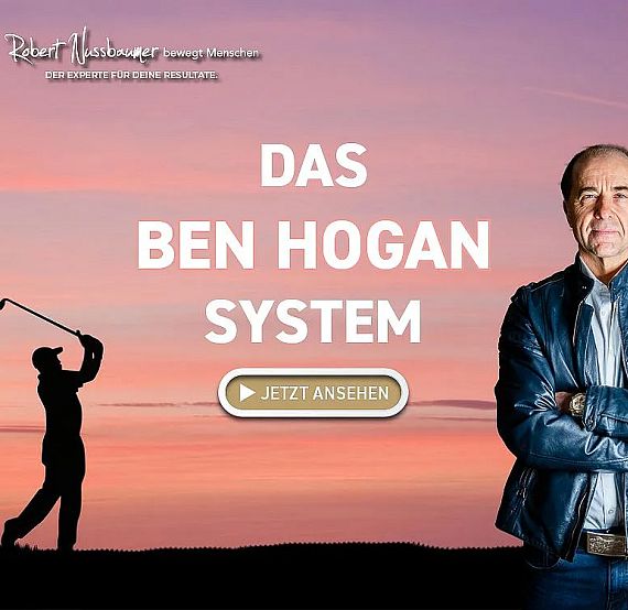 A golfer's silhouette swings against a sunset sky, with text promoting 'Das Ben Hogan System.' A man stands on the right in a leather jacket.