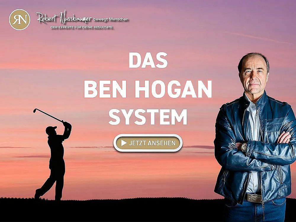 A golfer's silhouette swings against a sunset sky, with text promoting 'Das Ben Hogan System.' A man stands on the right in a leather jacket.