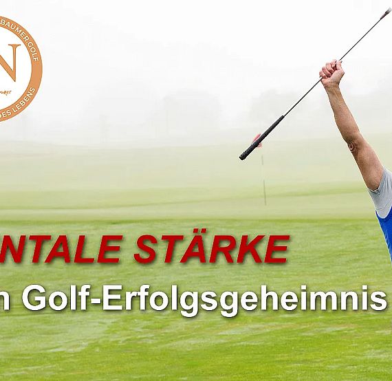 Golfer celebrates with raised arms on a misty course, highlighting mental strength in golf. Text overlay emphasizes "Mentale Stärke" and success strategies.