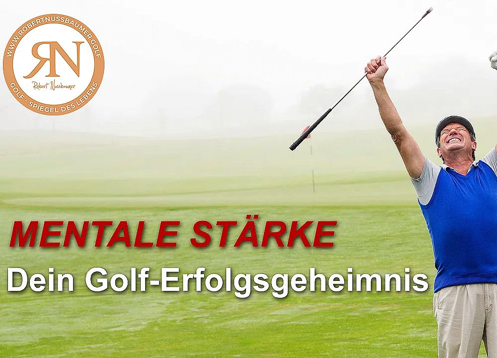 Golfer celebrates with raised arms on a misty course, highlighting mental strength in golf. Text overlay emphasizes "Mentale Stärke" and success strategies.