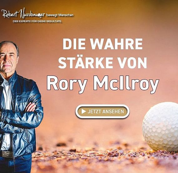 Man in leather jacket stands confidently beside golf ball with inspirational text about Rory McIlroy's strength.