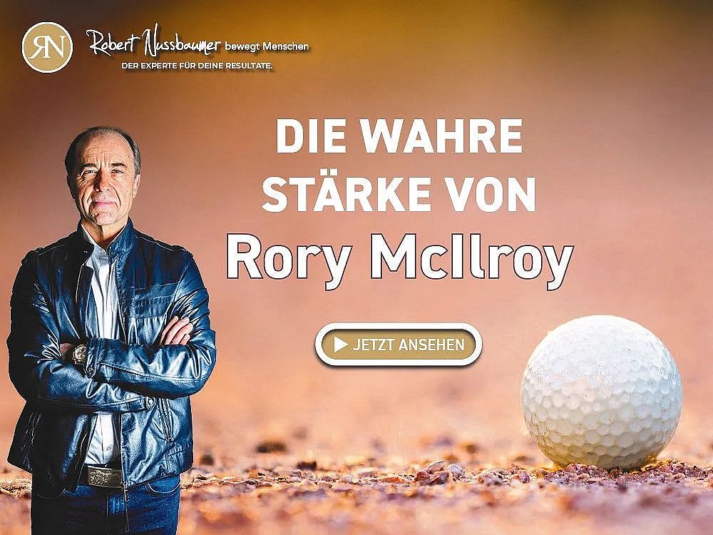 Werbung mit einem Mann in Lederjacke neben einem großen Golfball. Text: "Die wahre Stärke von Rory McIlroy" und Button "Jetzt ansehen".