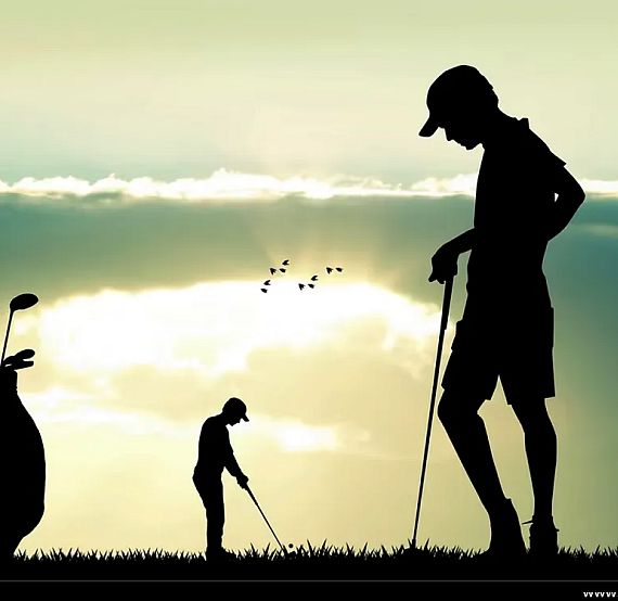 Silhouettes of two golfers at sunset; one stands, the other swings. Golf bag and flying birds add to peaceful, scenic atmosphere.