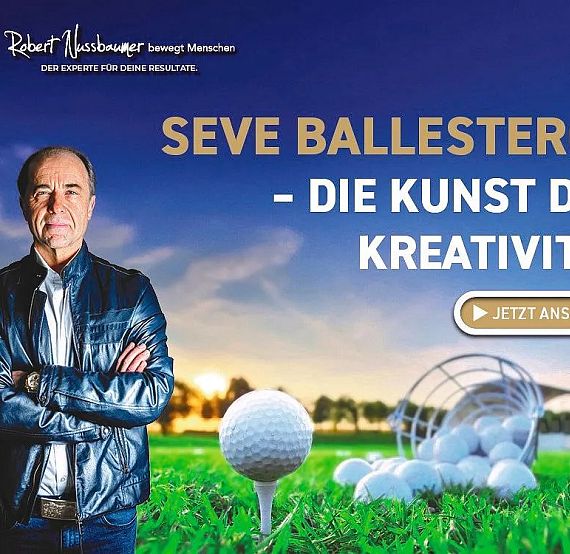 A man stands confidently with crossed arms in front of a golf-themed background, with text promoting creativity in the sport of golf. A play button is visible.