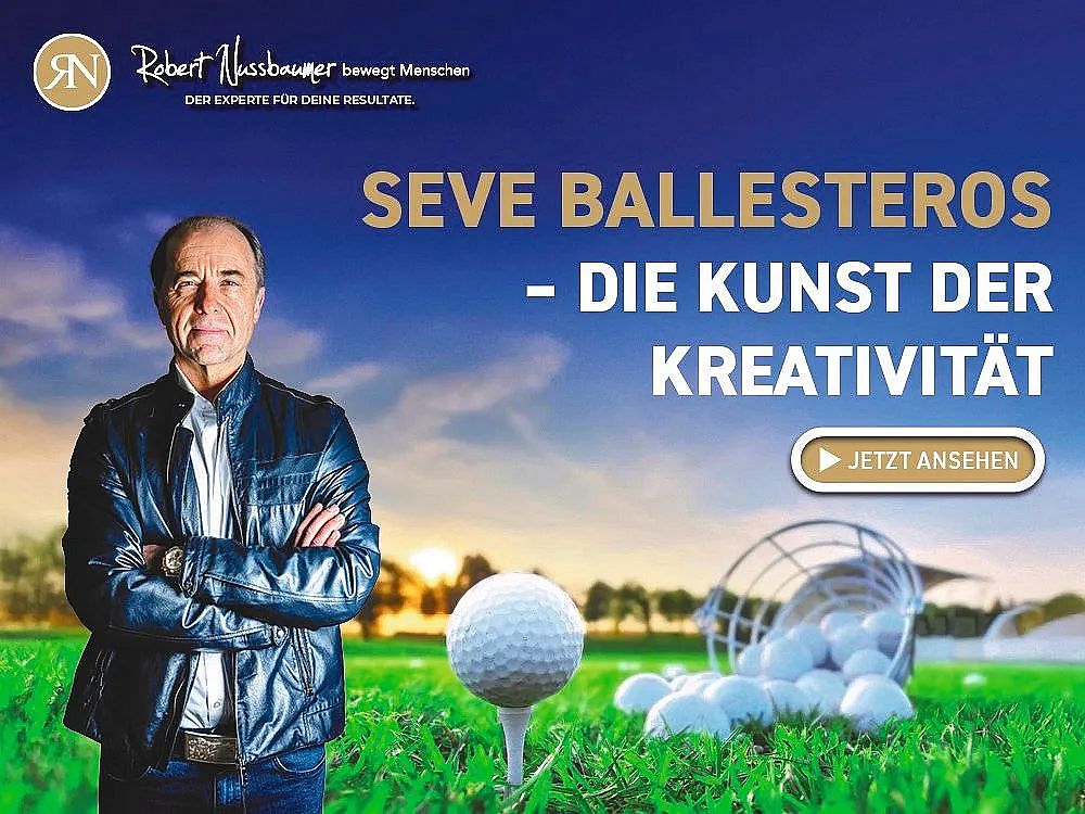 A man stands confidently with crossed arms in front of a golf-themed background, with text promoting creativity in the sport of golf. A play button is visible.