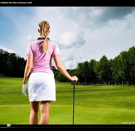 Woman golfer in pink shirt and white skirt on a green golf course holding a club, with trees and clouds in the background.