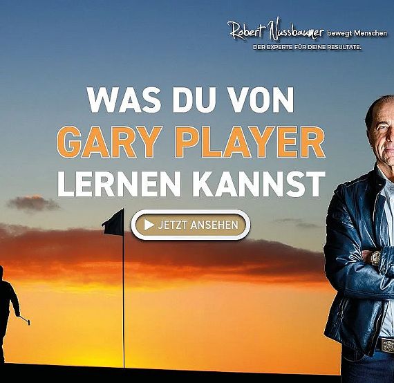 A silhouette of a golfer at sunset with text "What You Can Learn from Gary Player" and a man standing confidently, promoting a learning opportunity.