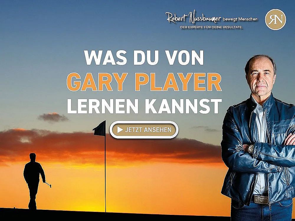 Ein Mann in Lederjacke steht rechts, während links ein Golfer bei Sonnenuntergang zu sehen ist. Oben steht: "Was du von Gary Player lernen kannst."