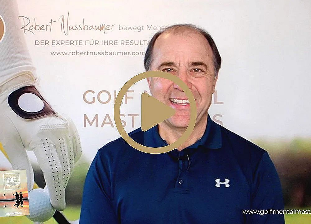 Smiling man in a blue shirt with a golf background, promoting a golf seminar. Logo and text in the background suggest a focus on mental coaching in golf.