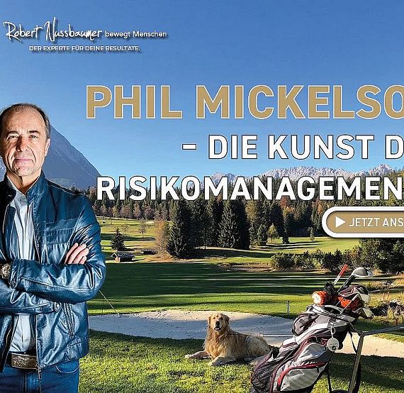 A man in a leather jacket stands by a golf course with mountains. Text promotes risk management. Golf bag and dog are visible. Ad for an event.