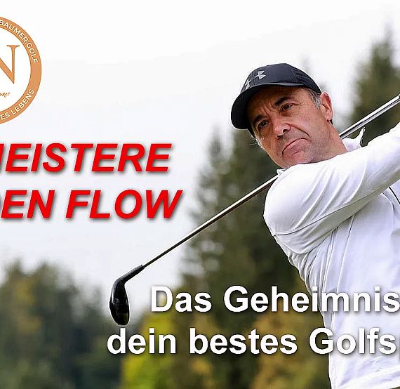 A golfer in a white shirt swings a club surrounded by trees, with text on mastering the flow of golf.