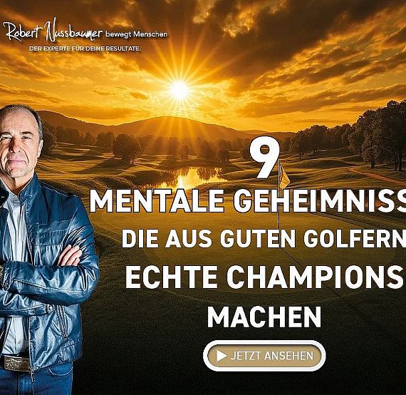 Sunset over a golf course with a man in front and text about mental secrets for golfers becoming champions. Scenic view with warm colors and silhouetted trees.