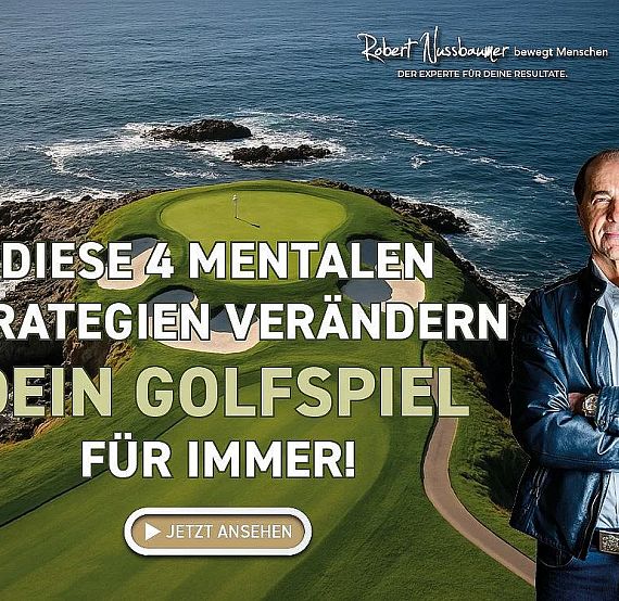 An ad features a man on a golf course with text about improving your golf game using mental strategies.
