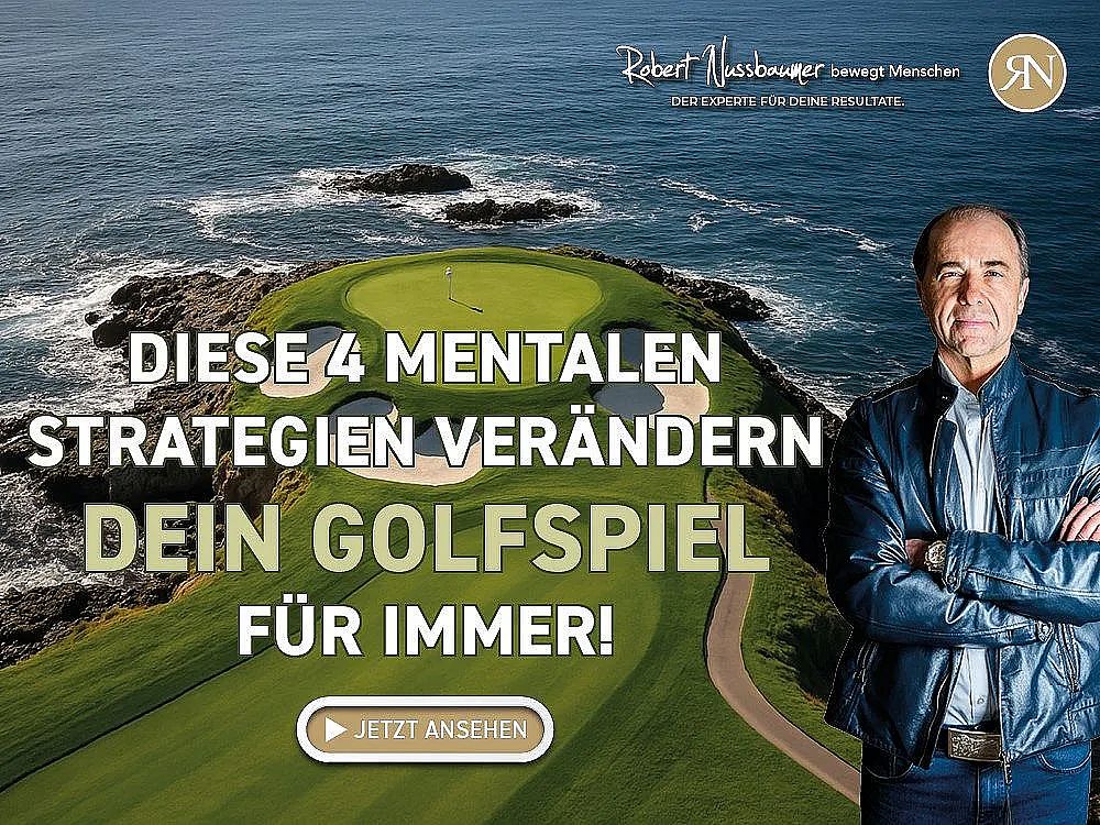 Ein Mann steht vor einem Golfplatz am Meer mit der Aufschrift: "Diese 4 mentalen Strategien verändern dein Golfspiel für immer!"