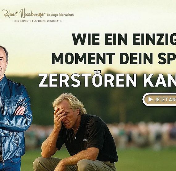 Two men in a field; one stands confidently, the other sits with his head in his hands. Text reads: 'Wie ein einziger Moment dein Spiel zerstören kann.'