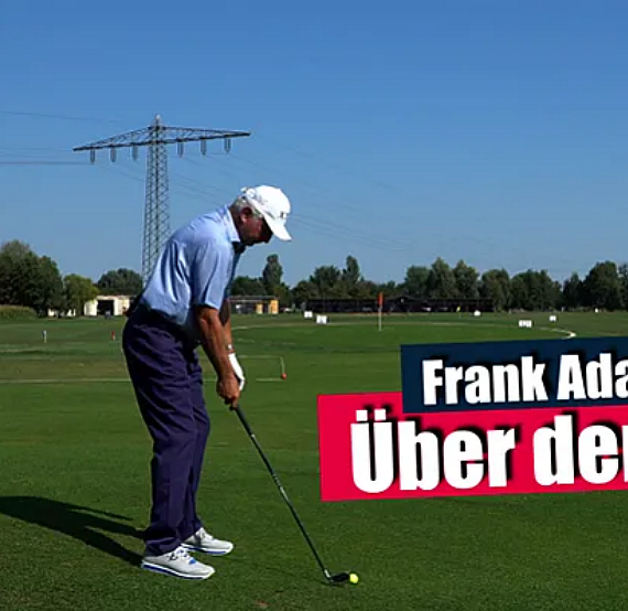 A man on a golf course prepares to swing his club; a caption reads 'Frank Adamowicz Über dem Ball'. The sky is clear and the grass is green.