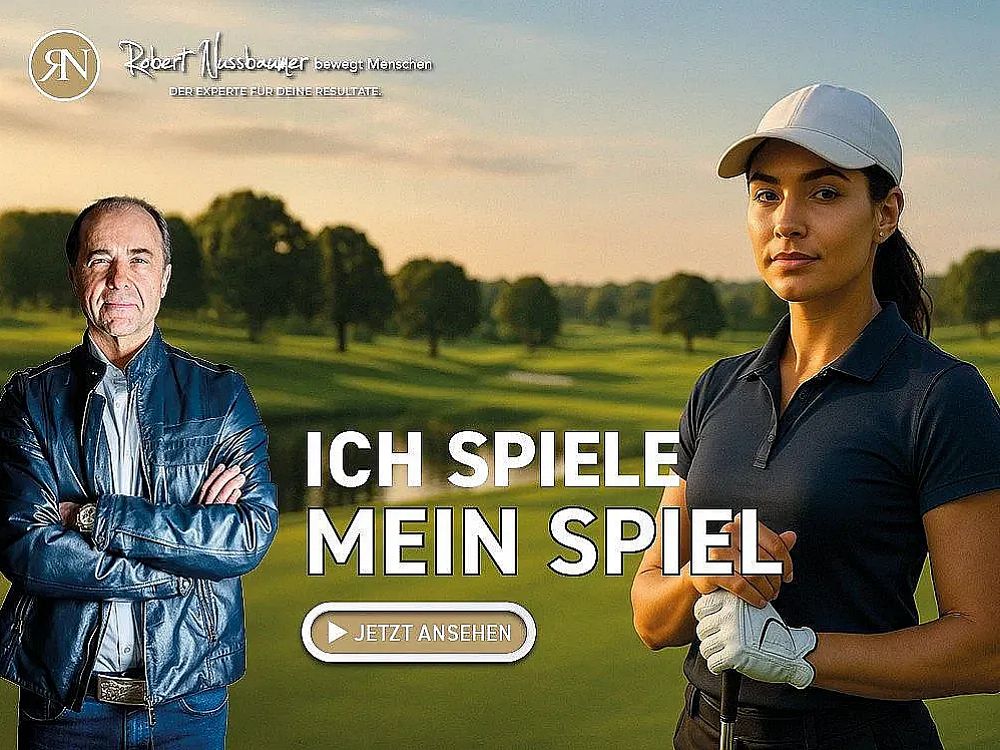 Werbung mit einem Mann im Lederjacke und einer Frau mit Golfkleidung auf einem Golfplatz. Daneben steht "Ich spiele mein Spiel" und ein Play-Button.