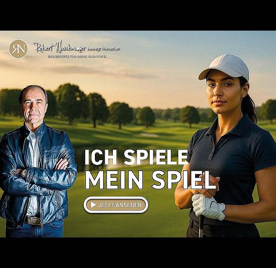 Werbung mit einem Mann im Lederjacke und einer Frau mit Golfkleidung auf einem Golfplatz. Daneben steht "Ich spiele mein Spiel" und ein Play-Button.