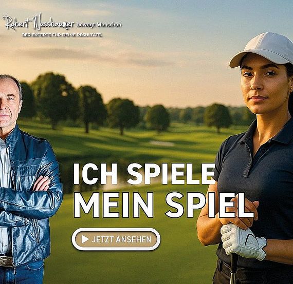 Two individuals, one in casual clothing and the other in golf attire, stand on a golf course with the text 'Ich spiele mein Spiel.'