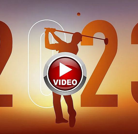 Silhouette of a golfer swinging a club inside the number 2023 on a gradient background, with a red play button in the center indicating a video.