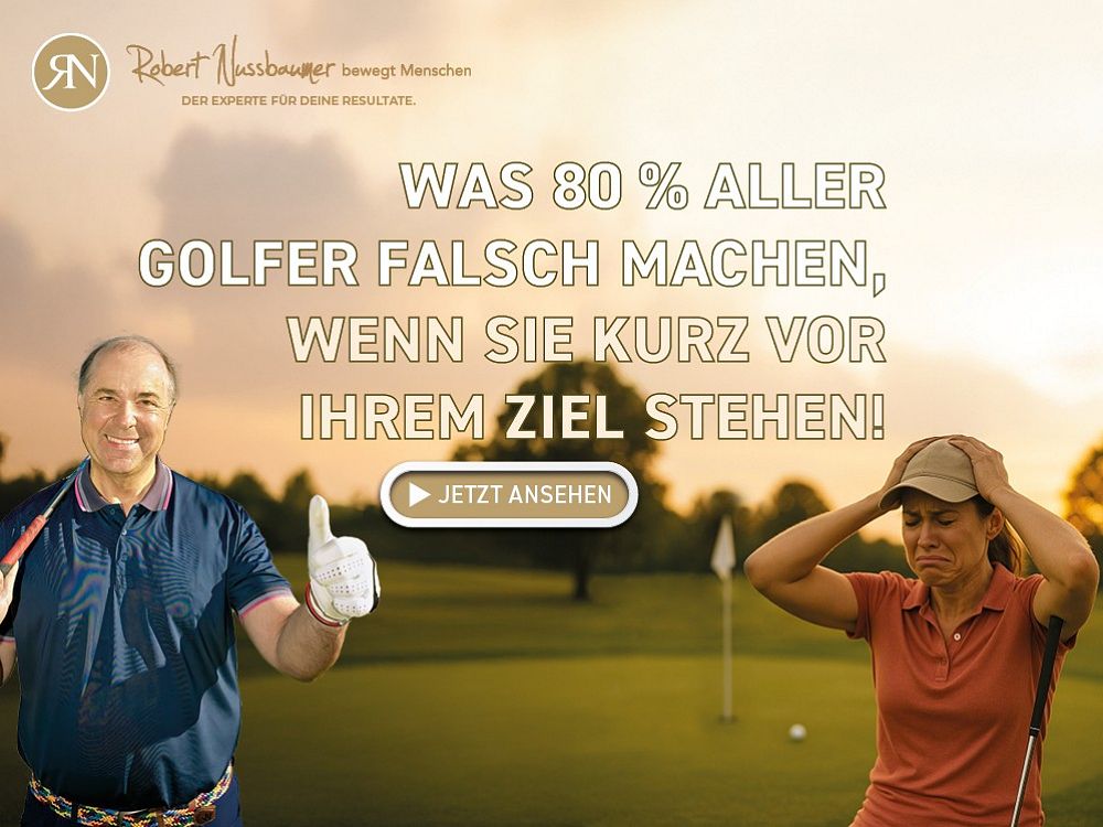Ein Golfspieler zeigt einen Daumen hoch, während eine Golferin noch eine verzweifelte Geste macht. Text über Golf-Tipps bei Fehlern knapp vorm Ziel.