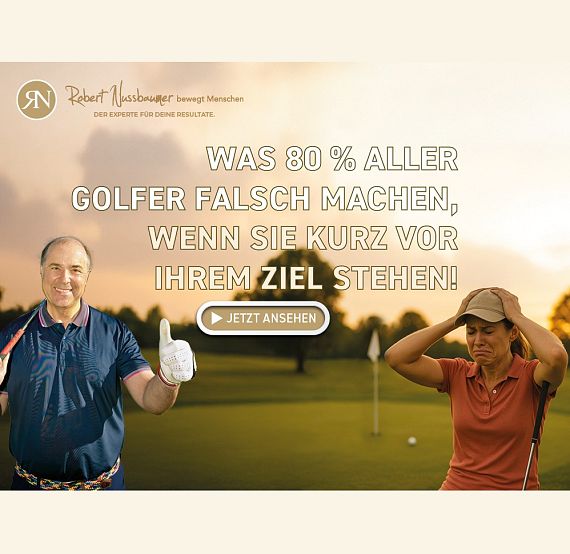 Ein Golfspieler zeigt einen Daumen hoch, während eine Golferin noch eine verzweifelte Geste macht. Text über Golf-Tipps bei Fehlern knapp vorm Ziel.
